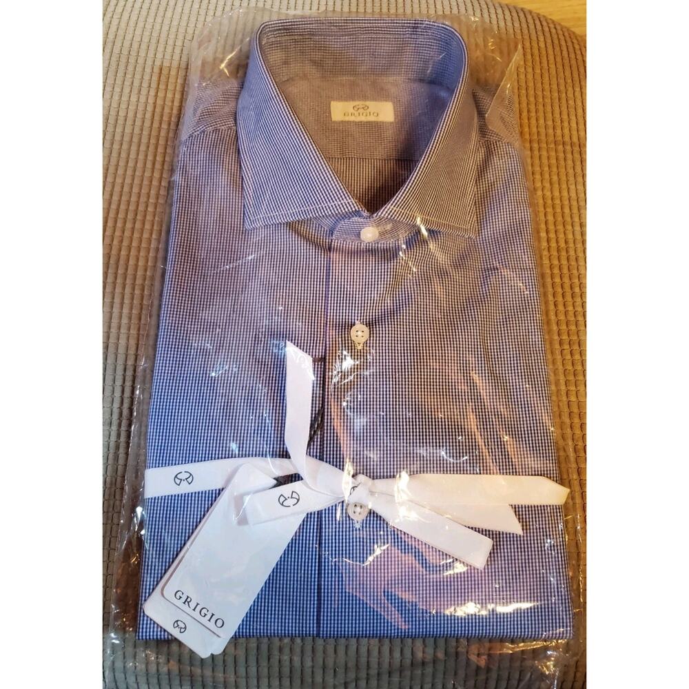 Grigio NWT Dress Shirt Size 17 1/5 44 Blue Gingham 100% Cotton NEW W/Tags
